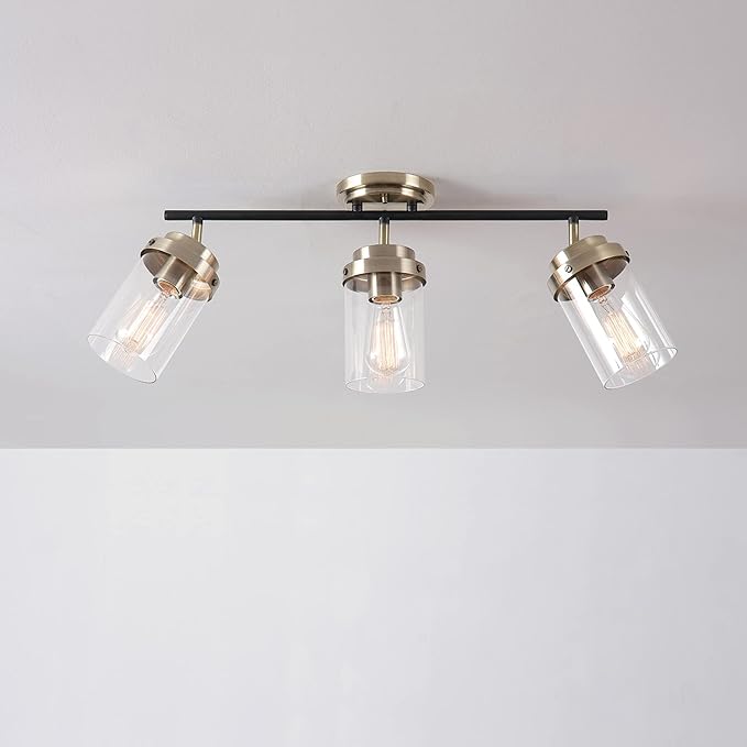 GLOBE Electric 59673 3-Light Track Lighting, Antique Brass, Matte Black Bar, Clear Glass Shades, Lighting for Kitchen, Bathroom, Bedroom, or Dining Room, Living Room Ceiling Lights, Light Fixture