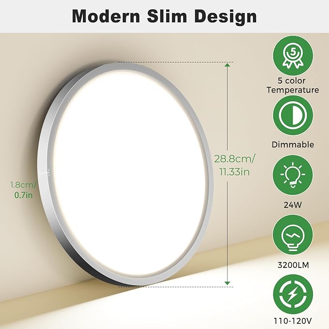 zemty 1Pack LED Flush Mount Ceiling Light, 12Inch 24W Dimmable Ceiling Lights Fixture, 5 Color Temperatures (3000K-6500K) Brushed Nickel Round Ceiling Lamp for Bedroom, Kitchen, Hallway,Bathroom