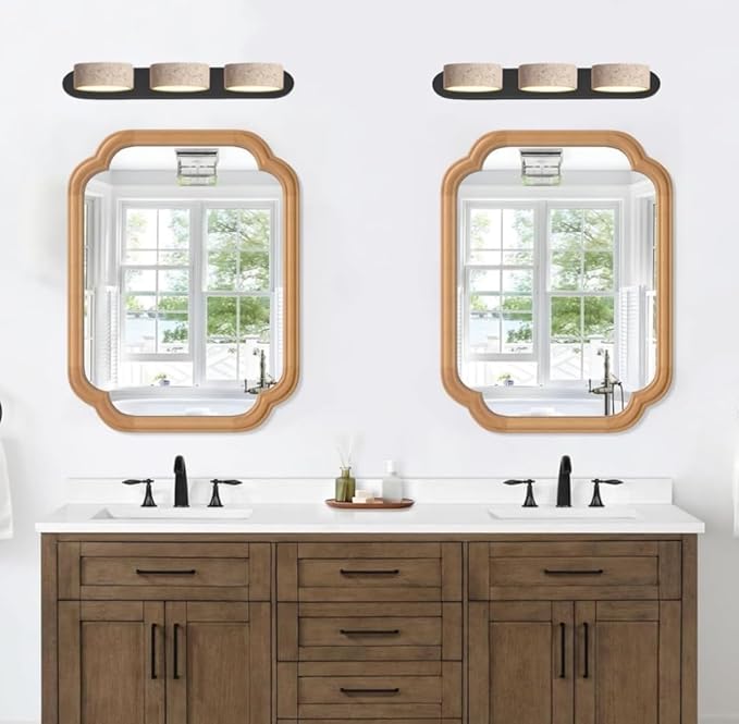 Natural Stone Vanity Light Black Farmhouse Bathroom Light Fixtures Nordic Style Travertine Shade Linear Bathroom Wall Sconce Metal 3 Lights Rotatable LED Wall Light Over Mirror