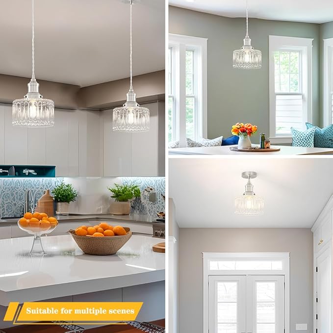Brushed Nickel Pendant Lights Kitchen Island, Vintage Pendant Light Clear Striped Glass Lmapshade, Rustic Kitchen Pendant Lighting Over Island, Adjustable Hanging Light for Dining Room Hallway