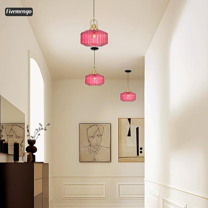 11.8in Mid Century Modern Wine Red Glass Pendant Light Fixture, Large Gold Kitchen Island Pendants Light Glass Ceiling Hanging Lamp for Foyer Dining Room Bedroom Entryway Hallway Over Sink