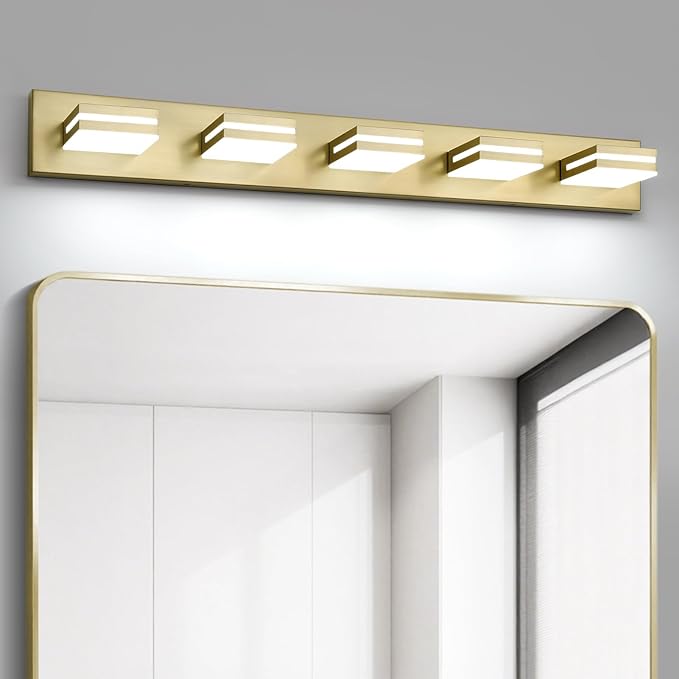 OKELI 5 Light Bathroom Vanity Light Gold Modern 36W LED Dimmable Vanity Light Over Mirror 350° Adjustable Lamp Head Cold White 6000K ETL Listed 36.2Inch