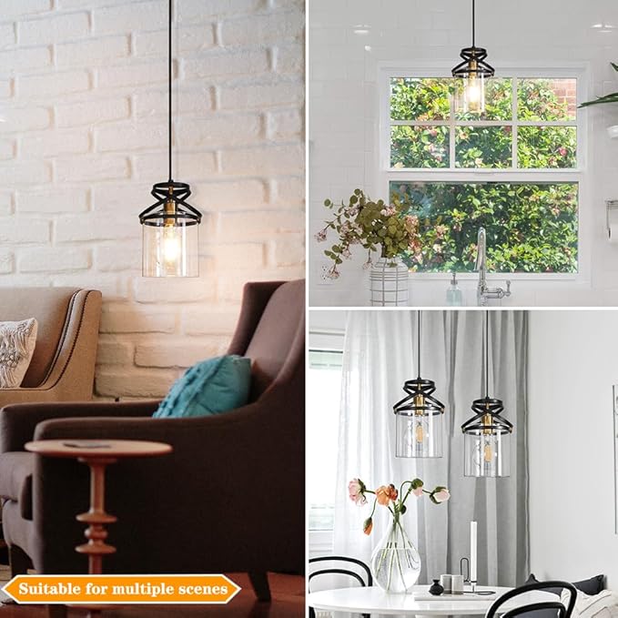 Modern Black and Gold Plug in Hanging Lamp - 16.4ft Adjustable Corded Pendant Light with 5.9" Clear Glass Shade - Kitchen Island & Sink Lighting for Farmhouse Living Room, Bedroom, Dining Room Fixture