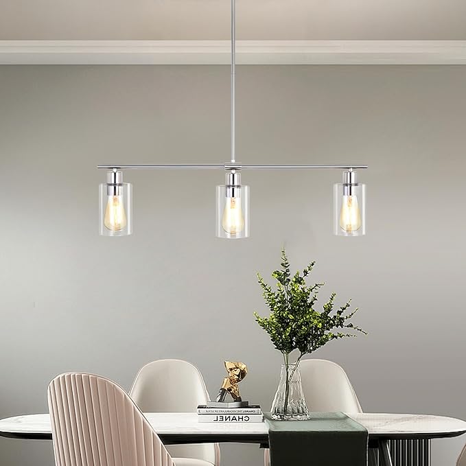 3-Light Kitchen Island Lighting, Farmhouse Dining Room Light Fixtures Over Table, Modern Brushed Nickel Island Lights Over Island, Linear Chandelier Hanging Ceiling Pendant Light Fixtures for Kitchen