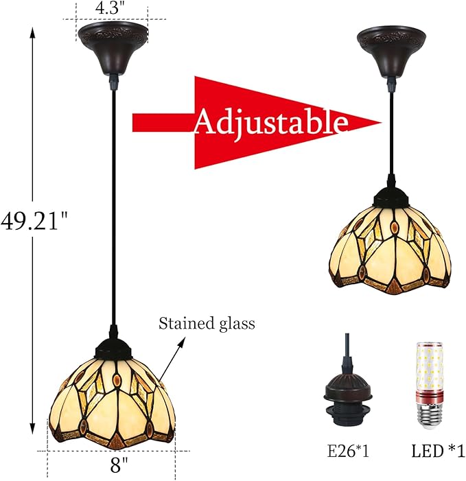 Pendant Light, Stained Glass Hanging Ceiling Light Fixture Adjustable Hanging Lamp for Kitchen Island, Dining Room, Living Room, Bedroom, E26 Pendant Lighting Fixtures