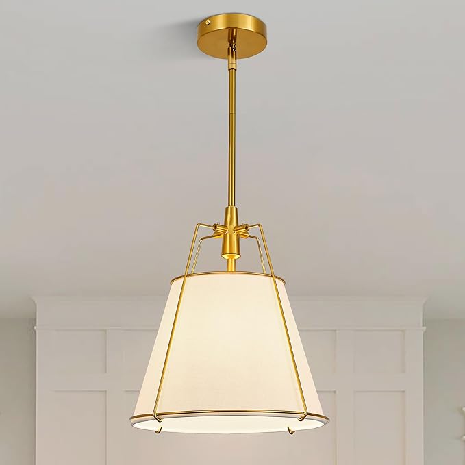 Modern Pendant Light Fixtures with 13" Off-White Linen Fabric Shade, Adjustable Hanging Light Fixture,Drum Gold Vintage Chandelier for Kitchen Island Bedroom Dining Room Foyer Entryway