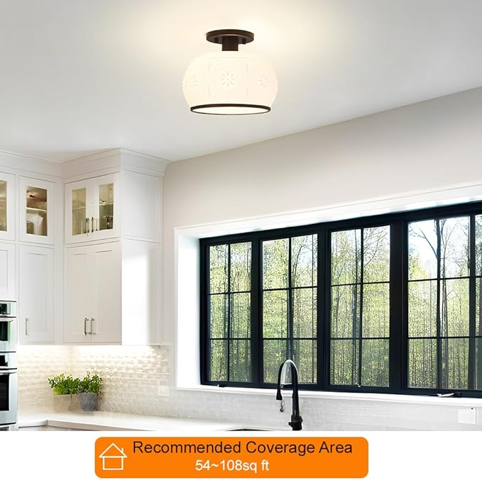 Matte Black Semi Flush Mount Ceiling Light with Milk Glass Shade, Hallway Lighting Fixtures, Vintage Ceiling Light for Kitchen, Bedroom, Closet, Entryway, Porch