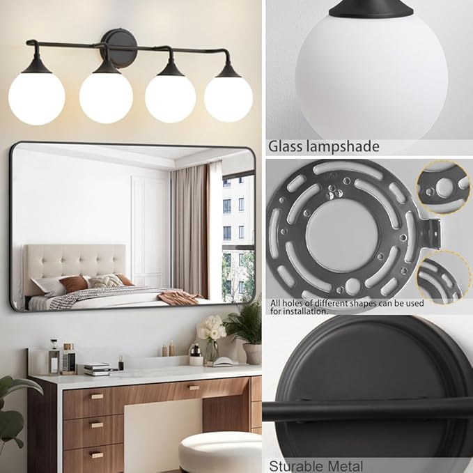 Black Bathroom Light Fixtures, Modern Vanity Lighting Over Mirror, Mid Century Brushed Brass Wall Sconce 4-Light with Milky White Glass Ball Shades