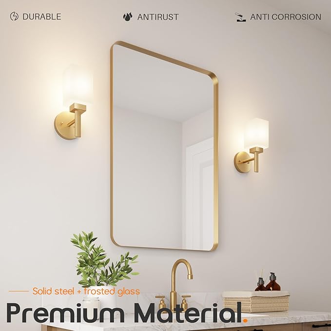 Vanity Lighting Fixtures with White Frosted Glass Shade, Brushed Gold Wall Lamps for Bathroom Mirror Bedroom Living Room Porch, 2 Pack T002GD-L1-P2