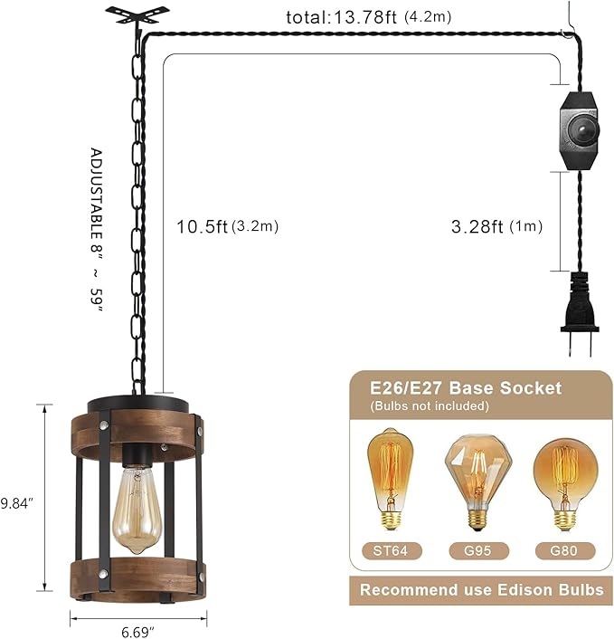 Rustic Farmhouse Plug in Pendant Light Fixture with Adjustable Chain, Dimmable Switch, Oak Wood and Metal Drum Cage Mini Hanging Lamp for Kitchen Island Living Room Hallway Farmhouse Bar, Black