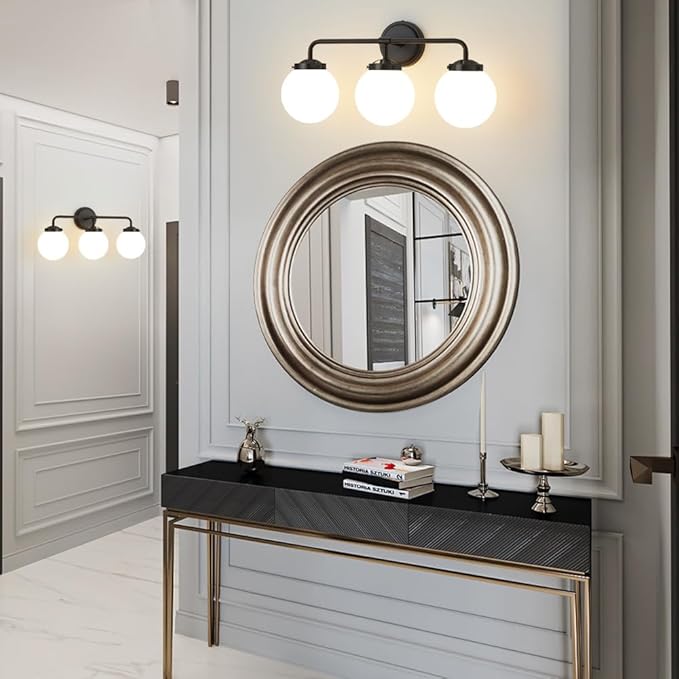 Black Bathroom Light Fixtures Over Mirror, 3-Light Modern Vanity Lighting with Milk White Glass Globe Shade Wall Sconce