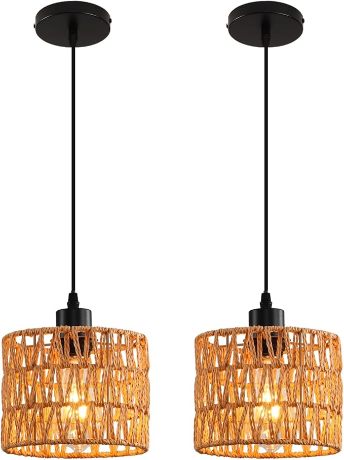 Woven Pendant Light Boho Chandelier, Rattan Pendant Lights Kitchen Island, Farmhouse Pendant Lighting with Hand Woven Wicker Shade, Boho Chandelier Light Fixtures Ceiling Hanging Light