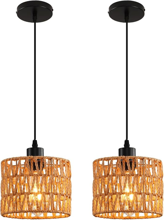 Woven Pendant Light Boho Chandelier, Rattan Pendant Lights Kitchen Island, Farmhouse Pendant Lighting with Hand Woven Wicker Shade, Boho Chandelier Light Fixtures Ceiling Hanging Light