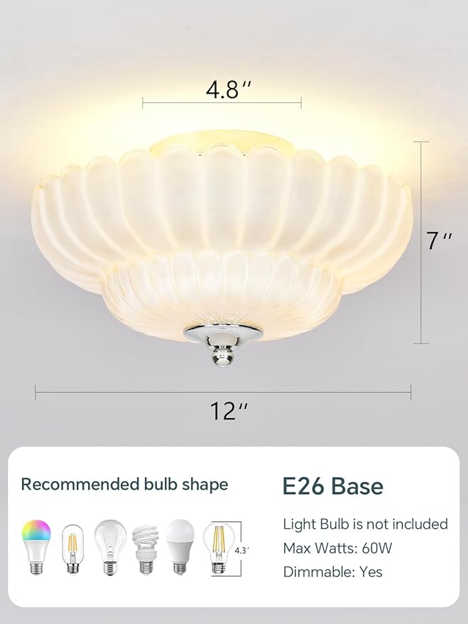 Modern White Ceiling Light Fixture, 12" White Glass Flush Mount Chandeliers, Semi Flush Mount Ceiling Light Fixture Suitable for Living Room Hallway Kitchen Bedroom
