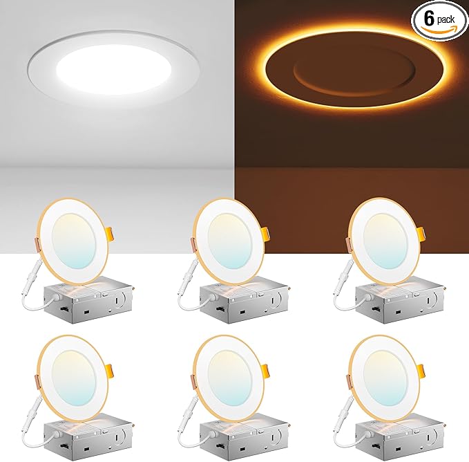 Amico 6 Pack 4 Inch 5CCT LED Recessed Ceiling Light with Night Light, 2700K/3000K/3500K/4000K/5000K Selectable Ultra-Thin Recessed Lighting, 10W=90W, 700LM, Dimmable Canless Wafer Downlight - ETL&FCC