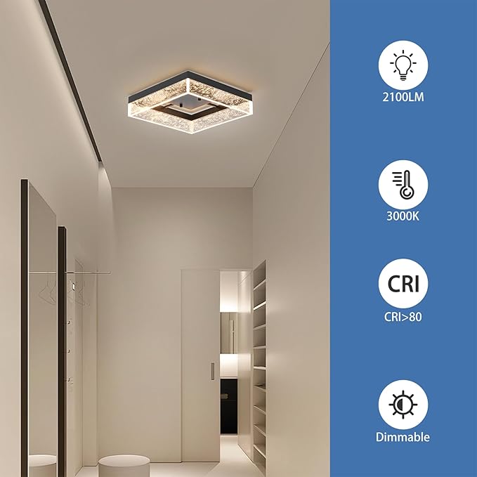 Qcyuui LED Flush Mount Ceiling Light, 11.81in 20W Modern Ceiling Light with Clear Bubble Acrylic,Square LED Ceiling Lamp for Kitchen Hallway Closet Living Room Bedroom, Black, 3000K Dimmable