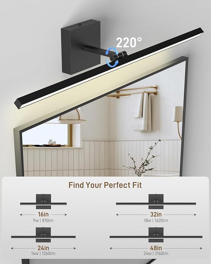 Black Bathroom Vanity Light Fixtures, Morden Vanity Lights with 5CCT&Dimmable Wall Sconce Lamp, 16IN Rotatable Vanity Bath Fixture Over Small Mirror For Bathroom Restroom Bedroom Hallway-ETL Certified
