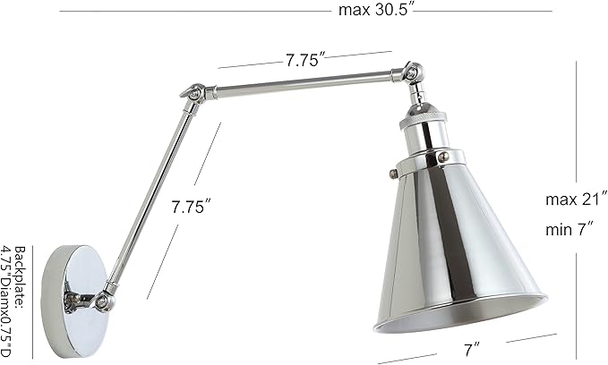 JONATHAN Y 7" Chrome Classic Industrial Metal Adjustable Arm LED Wall Sconce for Bedside Reading, Farmhouse Swing Arm Wall Lamp with Metal Shade, Hardwired JYL7460A