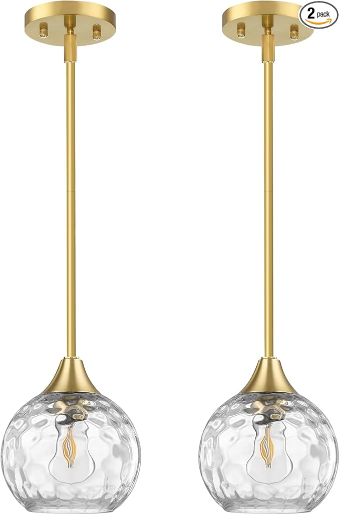 Pendant Lights Kitchen Island 2 Pack,Adjustable-Height Pendant Light Fixtures with Detachable Rod,Island Lights for Kitchen with Hammered Glass Shade,E26 Base Kitchen Pendant Lighting Over Island/Bar