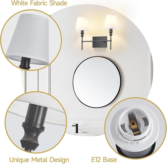 Bathroom Vanity Light,Vintage Bathroom Lighting Fixture Over Mirror,2-Light Black Vanity Light,Double Wall Sconce With Flared White Fabric Lampshade For Bedroom,Living Room,Hardwired, E12 Base