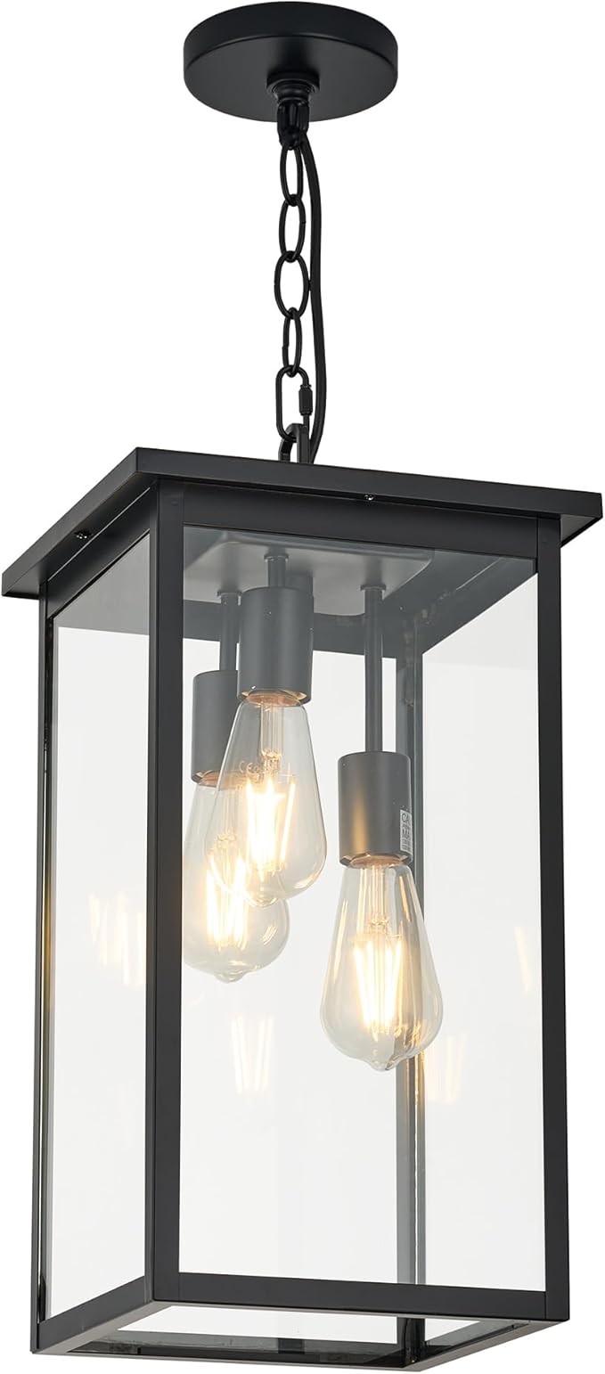 Large Outdoor Indoor Pendant Light 3-Light, Modern Black Metal Outside Chandelier Exterior Hanging Fixture Ceiling Mount with Clear Glass Shade for Front Porch Entrance Foyer Entryway