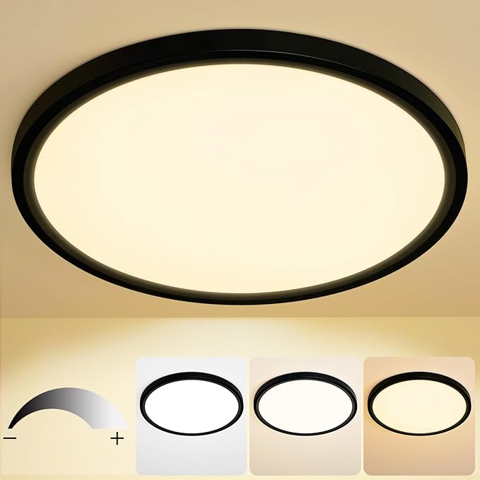 16 Inch Flush Mount Ceiling Light, 28W Dimmable LED Fixture 2800LM, 3000K/4500K/6000K Adjustable, Round Ceiling Lamp for Bedroom, Kitchen, Living Room, Dining Room, Bathroom, Black