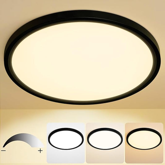 16 Inch Flush Mount Ceiling Light, 28W Dimmable LED Fixture 2800LM, 3000K/4500K/6000K Adjustable, Round Ceiling Lamp for Bedroom, Kitchen, Living Room, Dining Room, Bathroom, Black