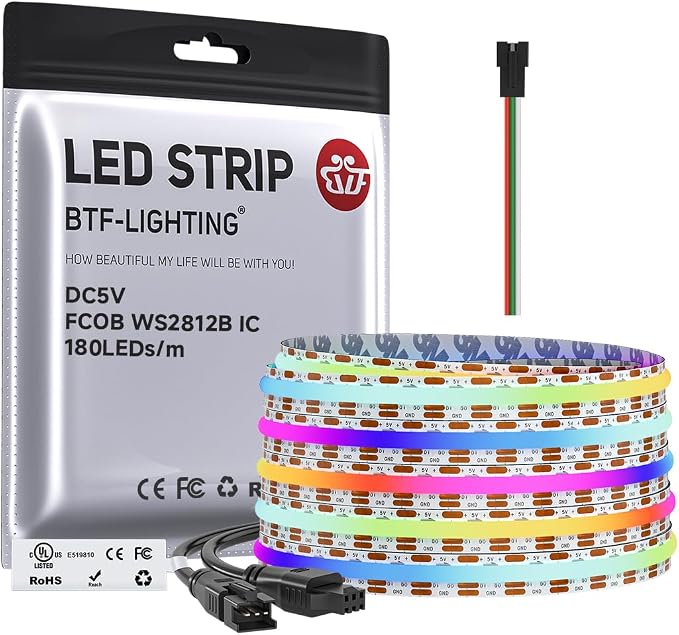 BTF-LIGHTING FCOB COB WS2811(WS2812B) IC RGB 180LED/m 720IC LED Strip DC5V 13.1FT Individual Addressable,UL Listed,High Density Uniform Light Dream Chasing Color 10mm Width(NO Adapter or Controller)