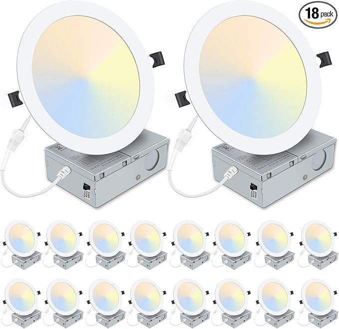 LZHOME 8 Inch Recessed LED Light: 18 Packs Ultra Thin LED Recessed Lighting with Junction Box, 3000K/4500K/6000K Selectable, 2700K-5000K, High Brightness 1800LM Dimmable Canless LED Downlight