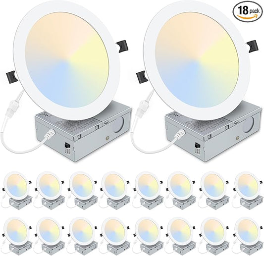 LZHOME 8 Inch Recessed LED Light: 18 Packs Ultra Thin LED Recessed Lighting with Junction Box, 3000K/4500K/6000K Selectable, 2700K-5000K, High Brightness 1800LM Dimmable Canless LED Downlight