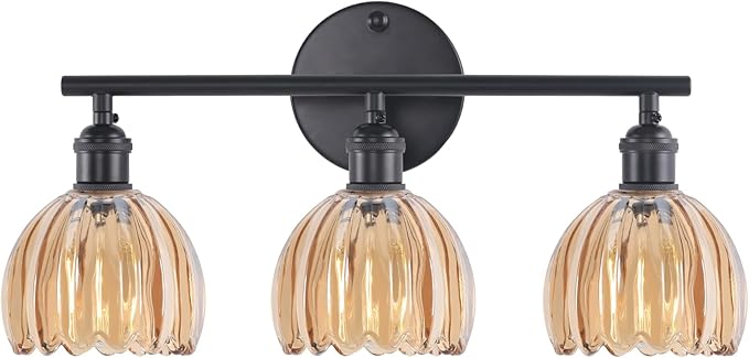 Shenmoyl Bathroom Light Fixtures, 3-Light Black Vanity wall Light Over Mirror with Amber Tulip Glass Shade for Bedroom Living Room (Bulb Not Included)