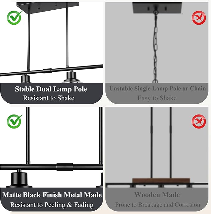Dining Room Light Fixture Over Table, 4-Light Kitchen Island Lighting Hanging, Farmhouse Linear Chandelier for Dining Room, Matte Black Pendant Light Fixtures with Clear Glass Shade for Kitchen Island