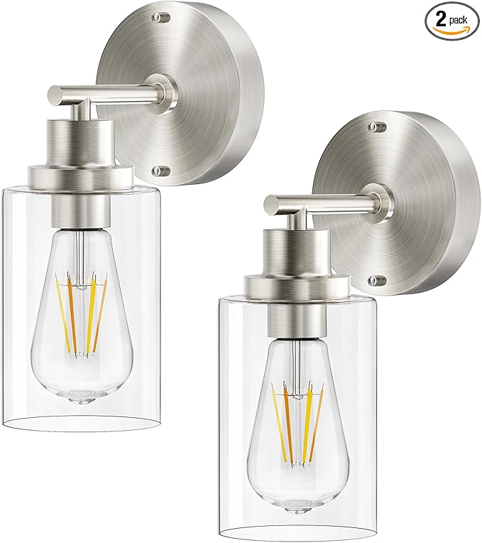 BUTHY Bathroom Wall Sconces Set of Two: Brushed Nickel Vanity Light Fixtures with E26 Base LED Cordless Indoor Wall Mount Lamp for Mirror Bedroom Hallway Stairway Modern Decor Lighting