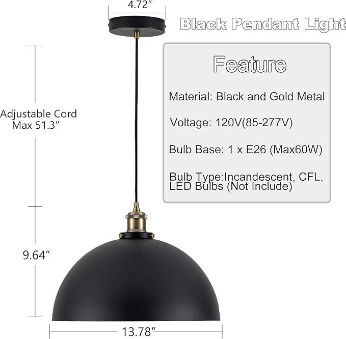 13.78" Modern Industrial Black Pendant Light 2-Pack Vintage Farmhouse Black Gold Pendant Light Fixture Dome Golden Pendant Lights for Kitchen Island, Dining Room, Bedroom, Hallway, Entryway