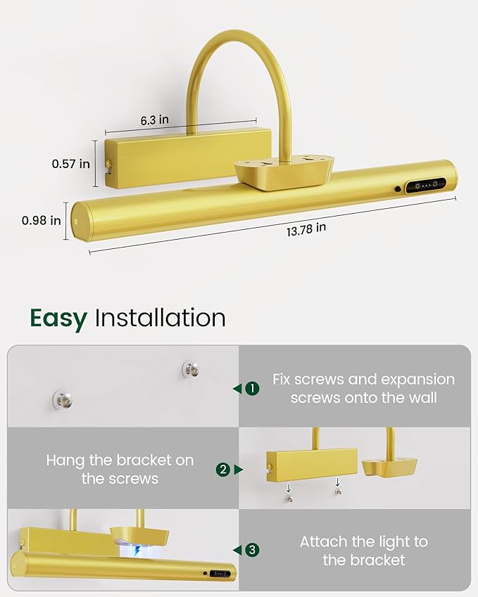 Bridika Picture Light Battery Operated, 13.8in Picture Lights for Wall, 3 Colors & Brightness Dimmable, Rechargeable Art Light for Paintings Photo Dartboard Gallery Bedroom Bathroom Gold