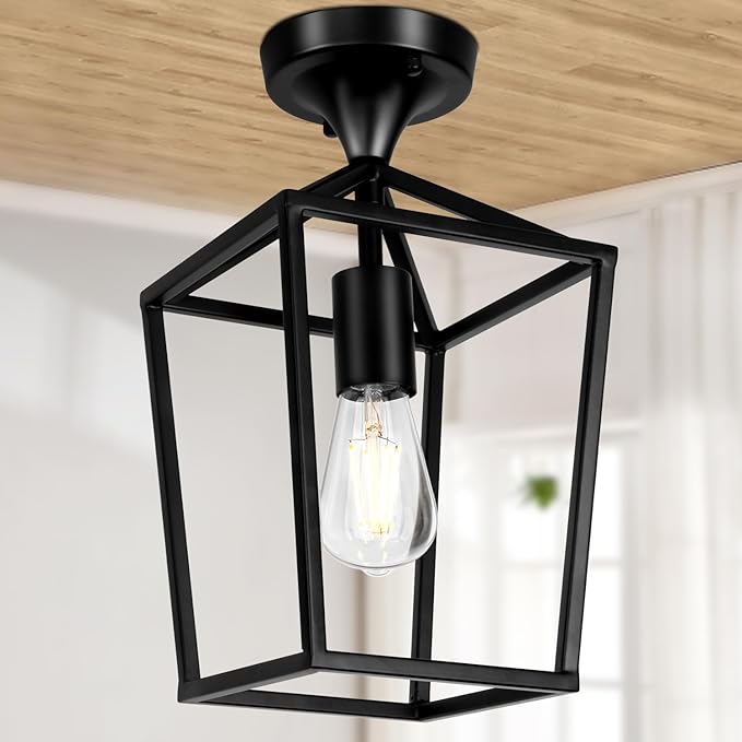 【Upgraded】Semi Flush Mount Ceiling Light, Black Industrial Ceiling Light Fixtures, Farmhouse Light Fixture for Hallway Stairway Garage Living Room Dining Room Balcony（Not waterproof, Not for Outdoor）