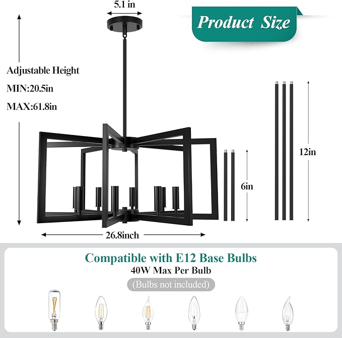 Bairth 8-Light Black Chandelier, Farmhouse Dining Room Light Fixture, Modern Chandelier, Geometric Industrial Metal Hang Lighting Fixture for Foyer Entryway Kitchen Over Table Hallway Living Room
