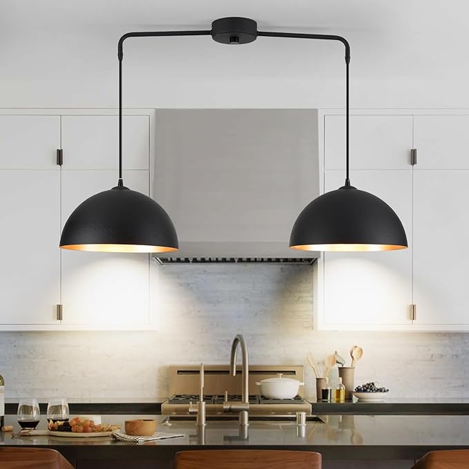 Pendant Lights Kitchen Island, 2-Light Black and Gold Dome Pendant Light Fixtures, Island Lights for Kitchen Farmhouse Dining Room Restaurant