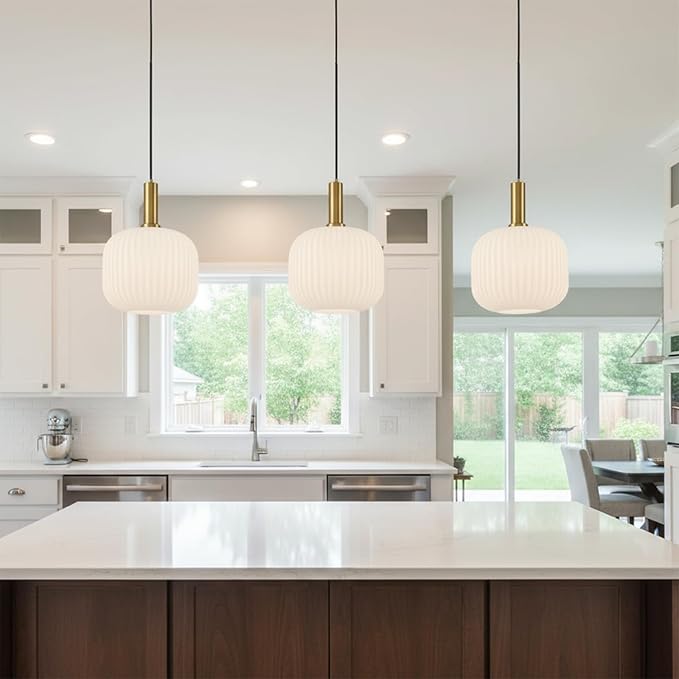 Plug in Pendant Light with Cord, 9.8" Milk Glass Hanging Light Fixture, White Ribbed Globe Swag Lamp with On/Off Switch, Mid-Century Modern Hanging Lamp for Bedroom, Kitchen, Dining Room