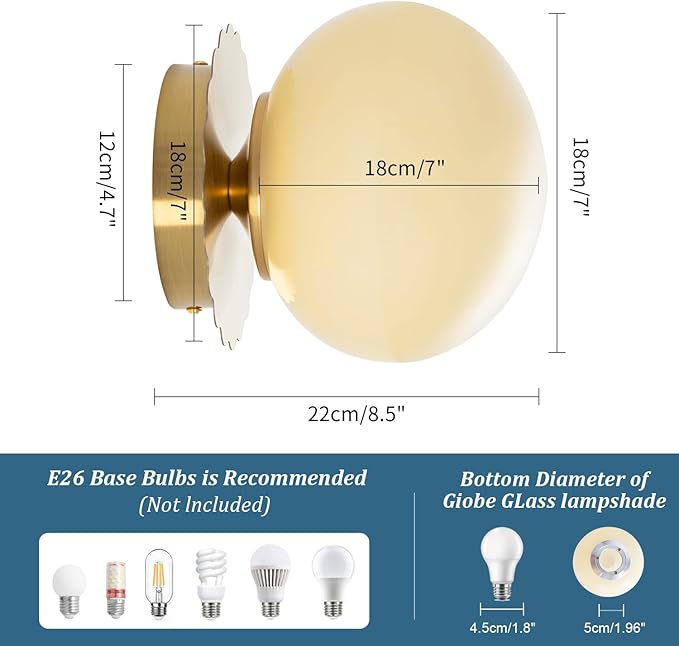 Modern Globe Glass Wall Sconces- Minimalist Home Shop Decor Wall Light 7" Glass Shade Hardwired- 1 Light Mid Century Wall Lamps Indoor Bedroom Bathroom Hallway Vanity Sconce Light (Gold-Beige)