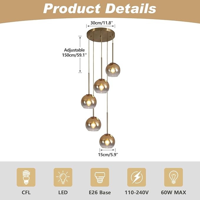 KCO Lighting 5 Light Cluster Pendant Lighting Gold Glass Pendant Light Mid Century Modern Dining Room Light Fixture Small Globe Cluster Chandelier Light Fixture