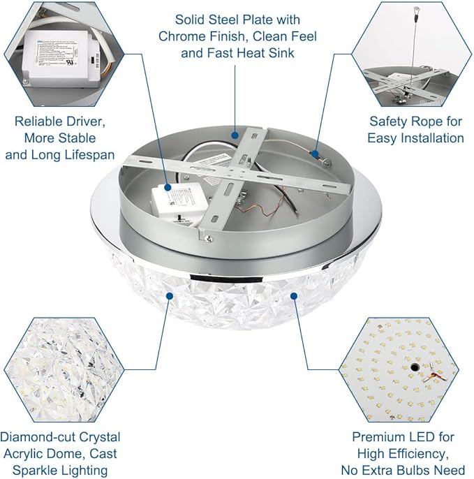 DAKASON LED Ceiling Light Fixture Flush Mount, Crystal Chandelier Modern Ceiling Light for Kitchen, Hallway, Living Room, Foyer, Closet, 12In 15W 1640LM, 3/4/5000K CCT Selectable, Dimmable