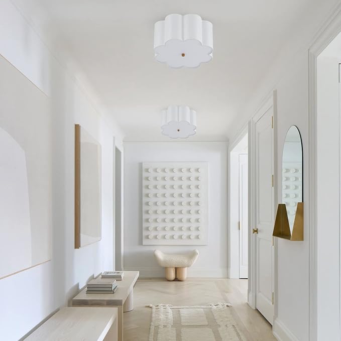 Semi Flush Mount Ceiling Light Fixture, Modern Close to Ceiling Lamp with Cream White Fabric Drum Shade for Nursery Kids Room Bedroom Kitchen Hallway Entryway 3-Light