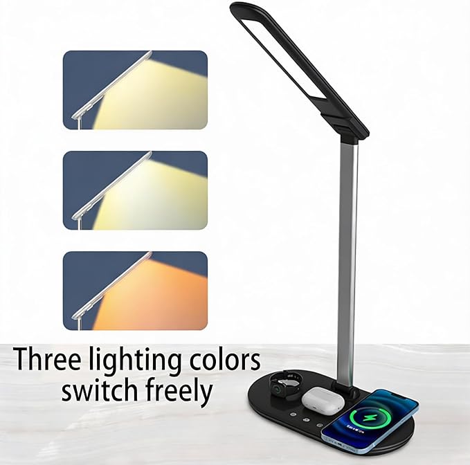 IHAO 3in1 Wireless Charging Eye-Care Desk Lamp 15W Fast Charging Station for Phone, Smartwatch & Earbuds, Touch Control Dimmable LED Light Adjustable Gooseneck, Modern Office Table Lamp-HYT2096 Black