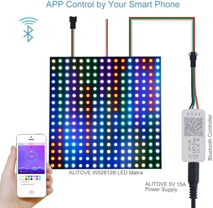 ALITOVE WS2812B WS2811 Addressable LED Bluetooth Controller iOS Android App Wireless Remote Control DC 5V~24V for SK6812 SK6812-RGBW WS2812 SM16703 Dream Color Programmable RGB LED Strip Pixel
