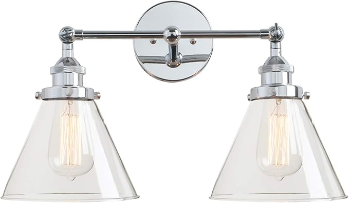 Permo Vintage Industrial Antique 2-Lights Wall Sconces with Dual Funnel Clear Glass Shade (Chrome)