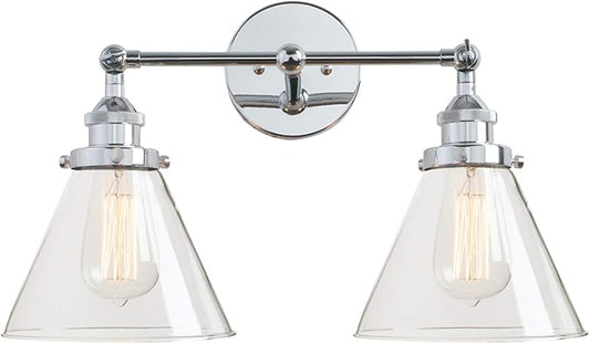 Permo Vintage Industrial Antique 2-Lights Wall Sconces with Dual Funnel Clear Glass Shade (Chrome)
