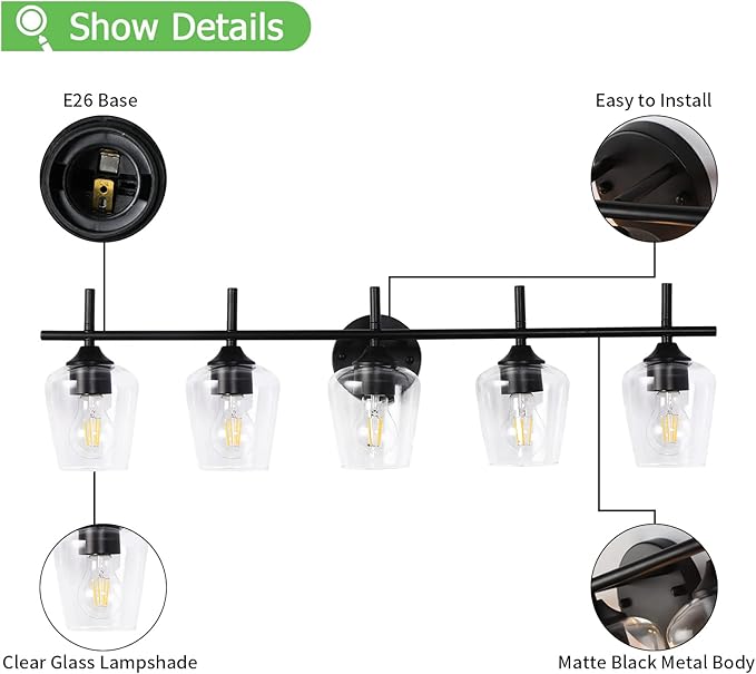 Bathroom Light Fixtures 5-Light Brushed Nickel Vanity Light with Clear Glass Shade, Modern Wall Lights for Bedroom Hallway Living Room (Black, 5-Light)