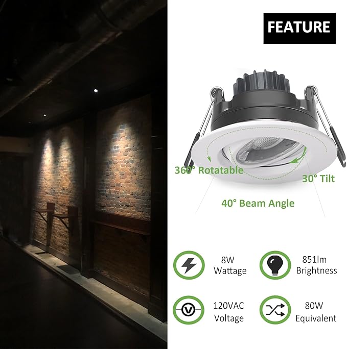 POPANU Canless Recessed Gimbal Downlight Rotatable-Spotlight 5 CCT 3 Inch Eyeball Ceilling Potlight, Dimmable Recessed Lights Fixture with Junction Box, 8W CCT Adjustable, White Round Trim, 6 Pack