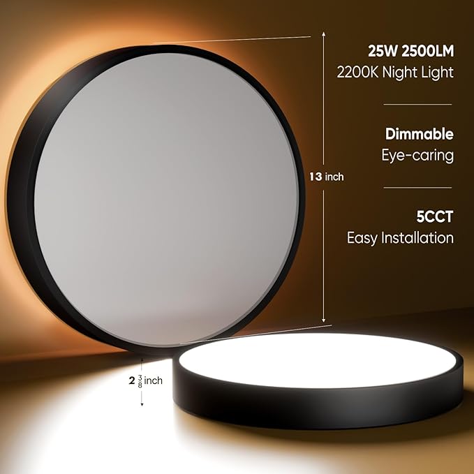 Lightania 13 Inch Flush Mount Ceiling Light with Remote Control & Night Light, 5CCT Dimmable Ceiling Light Fixture, 25W 2500LM 2700K-6500K Adjustable LED Ceiling Lights for Bedroom Kitchen, Black